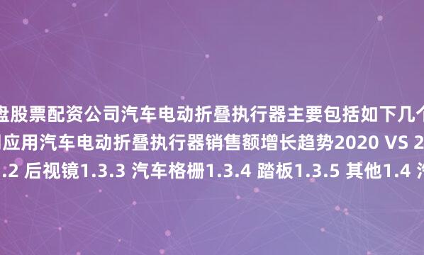 实盘股票配资公司汽车电动折叠执行器主要包括如下几个方面1.3.1 全球不同应用汽车电动折叠执行器销售额增长趋势2020 VS 2024 VS 20311.3.2 后视镜1.3.3 汽车格栅1.3.4 踏板1.3.5 其他1.4 汽车电动折叠执行器行业背景、发展历史、现状及趋势1.4.1 汽车电动折叠执行器行业目前现状分析1.4.2 汽车电动折叠执行器发展趋势2 全球汽车电动折叠执行器总体规模分析2